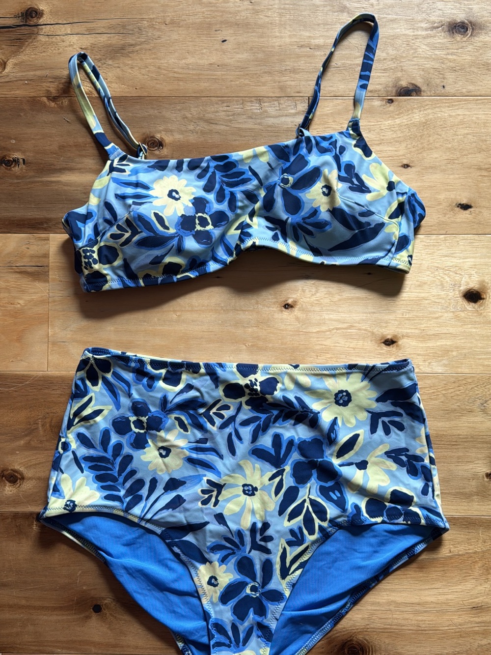 aerie Blue and Yellow Floral High-Waist Bikini Set